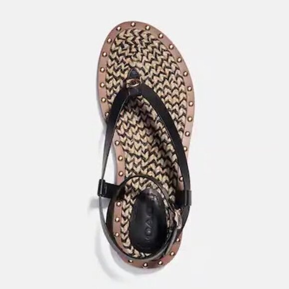 COACH Gracey Black and Brown Leather Thong Sandals w/ Gold Studs, size 9 - Picture 6 of 12